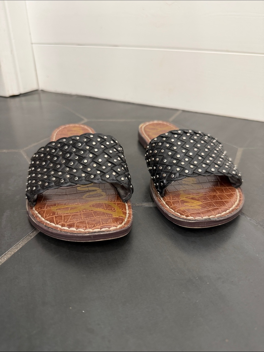 Sam Edelman Black Studded Woven Slide Sandals - Picture 3 of 6
